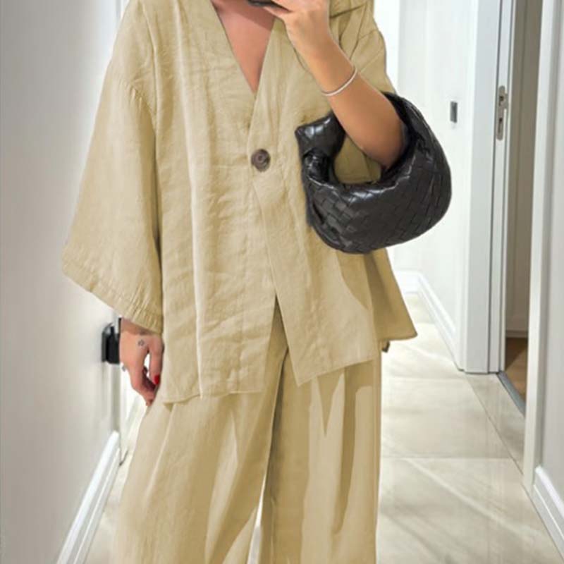 Women's V-Neck Top & Wide-Leg Pants Solid Color 2-Piece Set - onlinemegasale.com