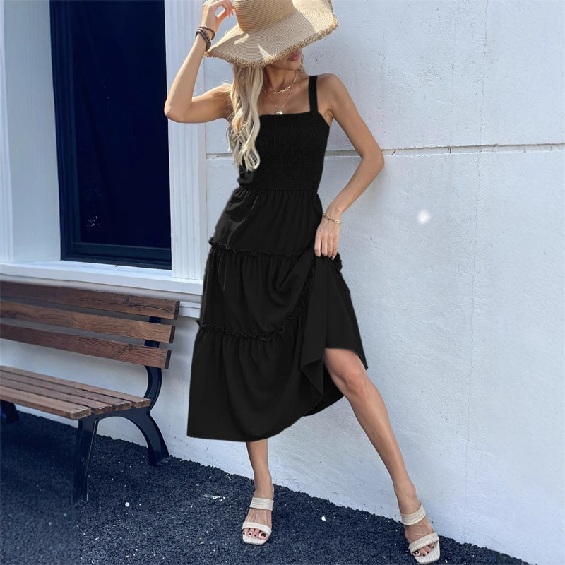 Women's Sleeveless Smocked Dress with Tiered Ruffle Hem - onlinemegasale.com