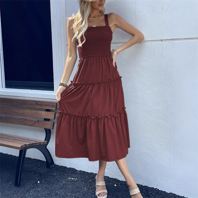 Women's Sleeveless Smocked Dress with Tiered Ruffle Hem - onlinemegasale.com