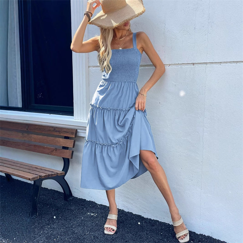 Women's Sleeveless Smocked Dress with Tiered Ruffle Hem - onlinemegasale.com