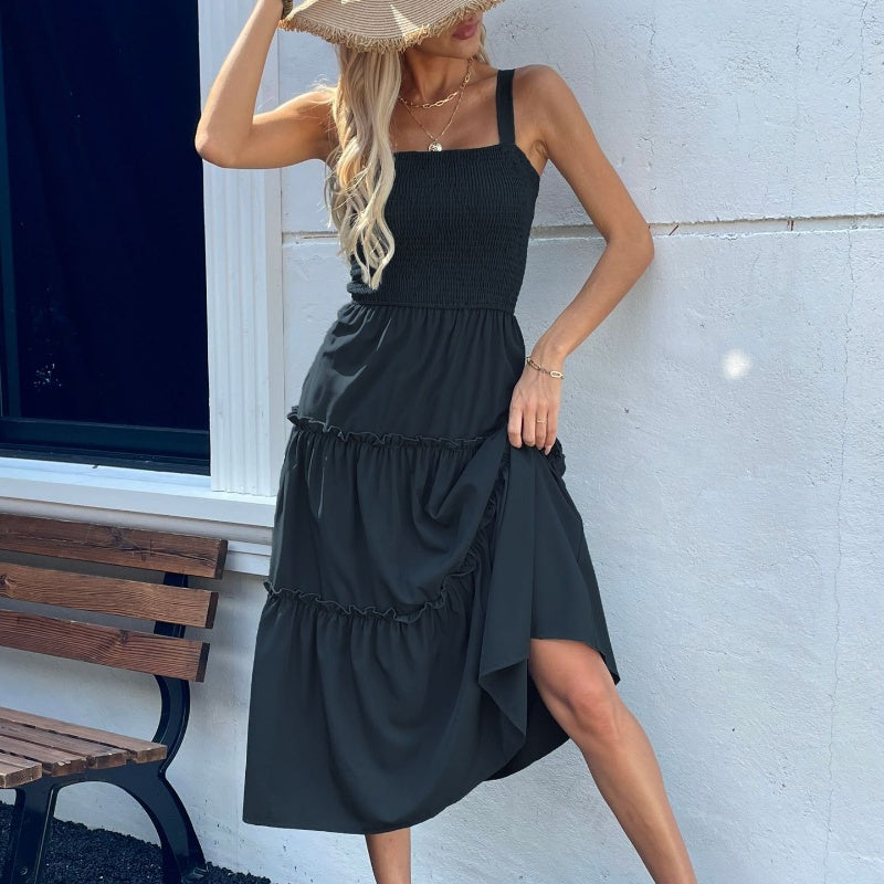 Women's Sleeveless Smocked Dress with Tiered Ruffle Hem - onlinemegasale.com