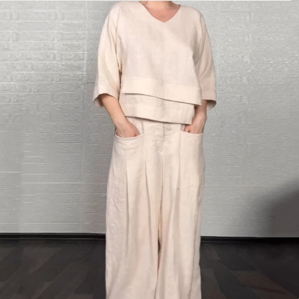 Irregular Hem Cotton Linen Short Sleeve Casual 2-Piece Set