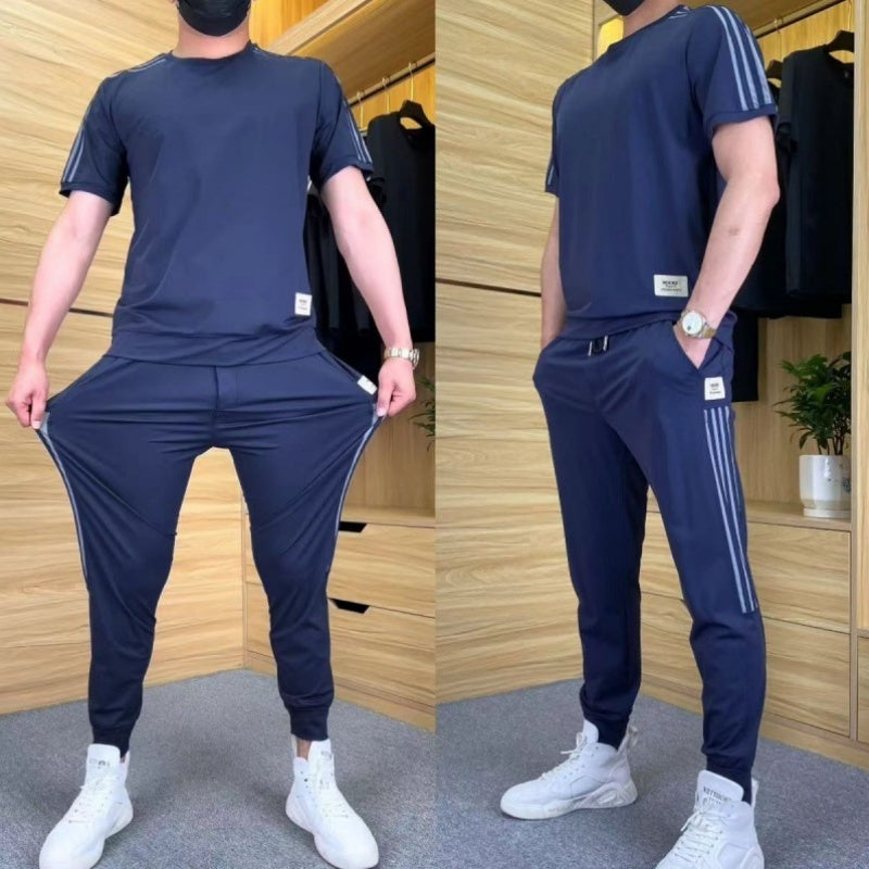 Men's High Stretch Short Sleeve Top & Jogging Pants 2-Piece Set - onlinemegasale.com