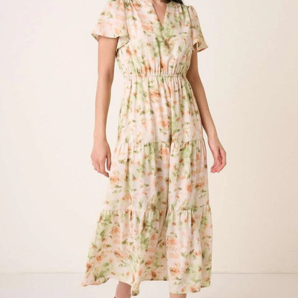 Flower Print Flutter Sleeve V Slit Maxi Dress