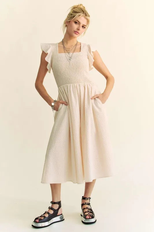 03c6316b2fde4bb8a48f87bd0a82b6aa-Max-Origin Davi & Dani Ruffled Cap Sleeve Smocked Mini Dress - onlinemegasale.com