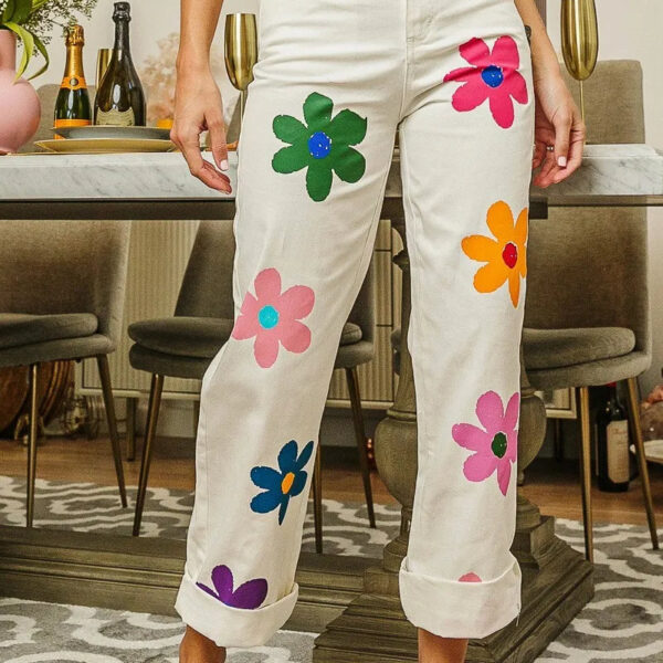Flower Print Straight Legs Pants