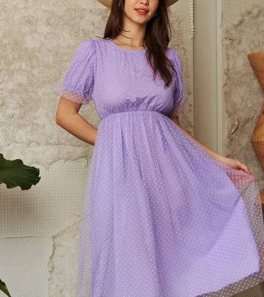 Mesh Puff Short Sleeve Midi Dress