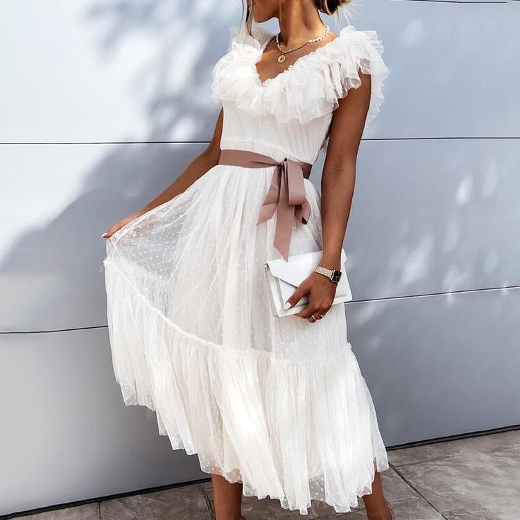 V-necked fringe lace pure color dress - onlinemegasale.com V-necked fringe lace pure color dress - onlinemegasale.com
