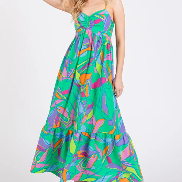 Multicolor Leaf Print Tie Back Maxi Dress