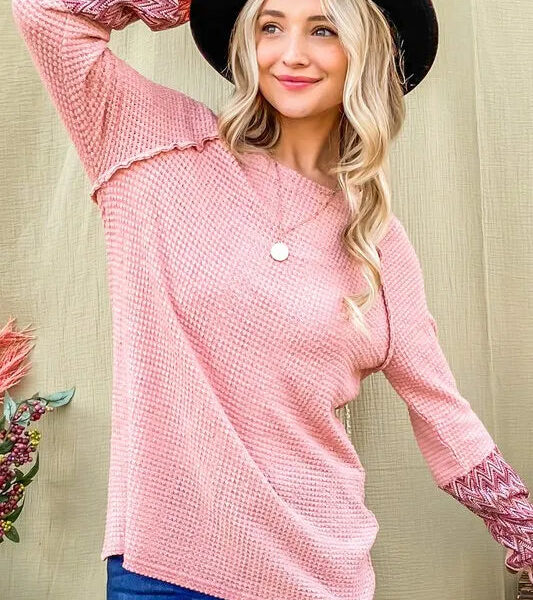 Button Detail Printed Sleeve Waffle Knit Top