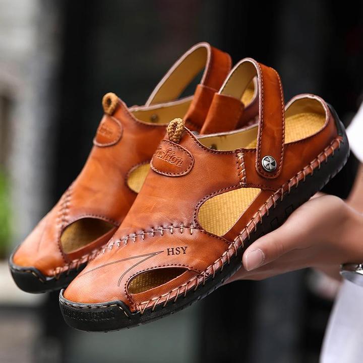 Men's Summer Hand Stitching Soft Outdoor Closed Toe Leather Beach Sandals Slippers - onlinemegasale.com