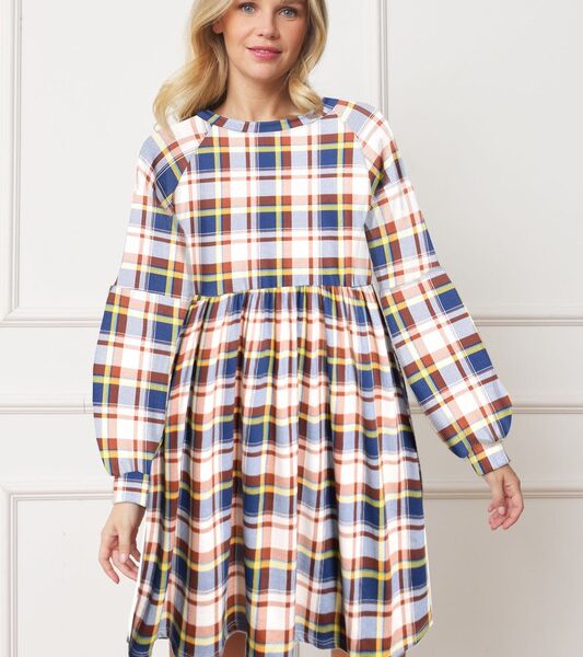 Elegant Midi Dress with Extended Puff Sleeves and Stylish Plaid Contrast