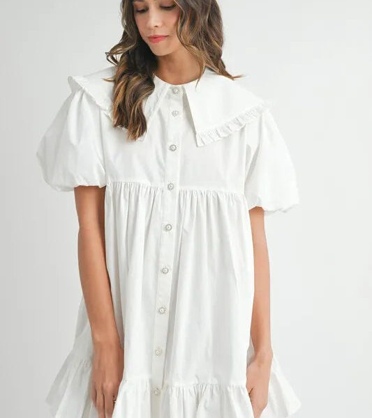 Ruffled Hem Peter Pan Collar Button Down Mini Dress