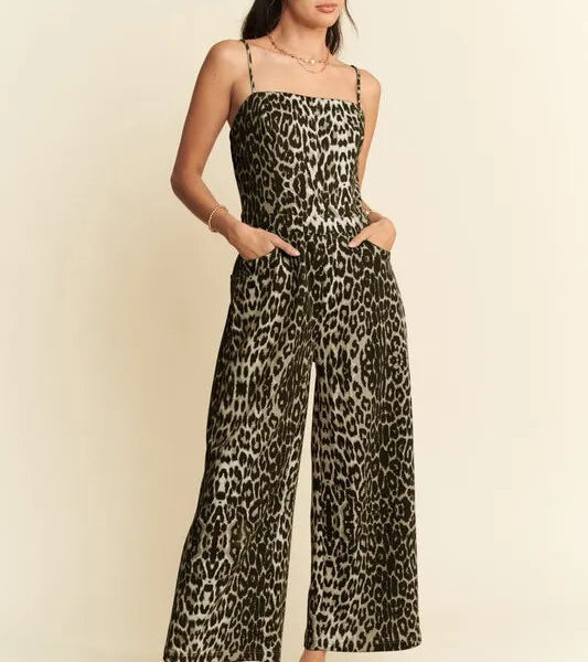 Leopard Spaghetti Straps Wide Leg Jumpsuit