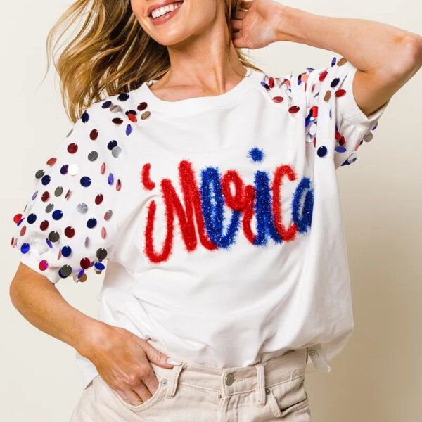 BiBi Metallic Letter Spangle Raglan Puff Sleeve Top