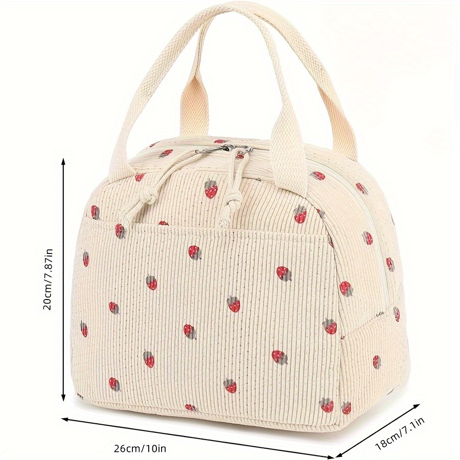 NOVUXY Insulated Corduroy Lunch Bag for Women and Men, Cute Strawberry Design, Reusable Thermal Tote, Large Capacity Cooler for Work, Picnic, Travel - Hand Washable Cylinder Shape Lunch Box - onlinemegasale.com