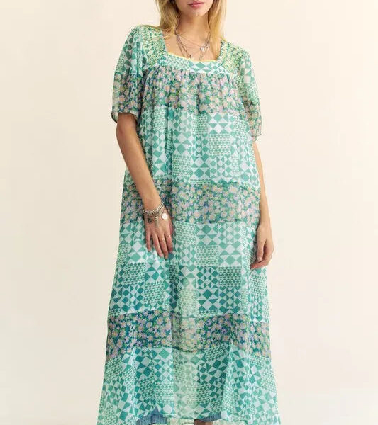 Multi Floral Square Neck Puff Sleeve Maxi Dress
