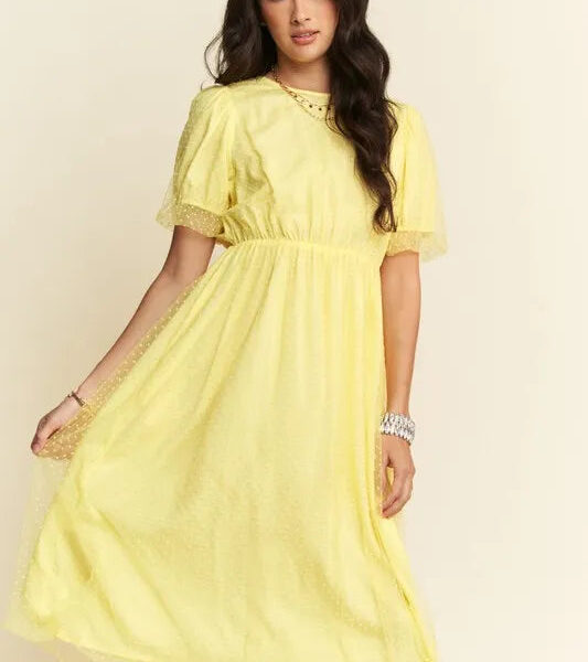 Mesh Puff Short Sleeve Midi Dress