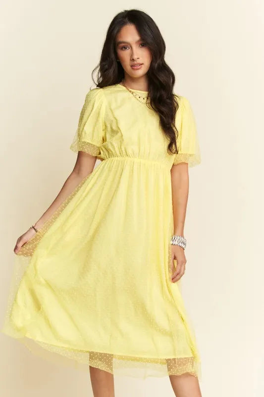 3752aa1580a345f794edfb579a218ba3-Max-Origin Mesh Puff Short Sleeve Midi Dress - onlinemegasale.com