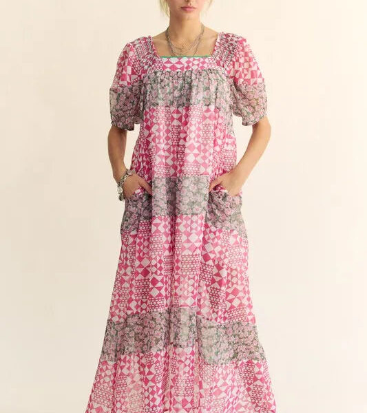 Multi Floral Square Neck Puff Sleeve Maxi Dress
