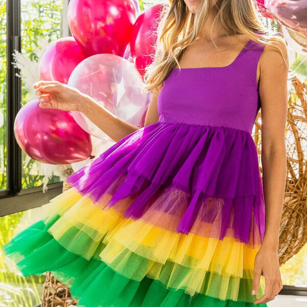 Mardi Gras Color Block Layered Mesh Tiered Dress