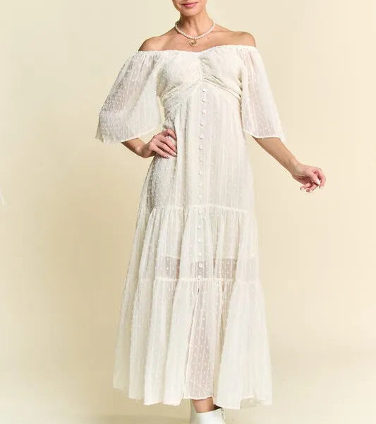 Swiss Dotted Ruched Ruffle Open Back Midi Dress