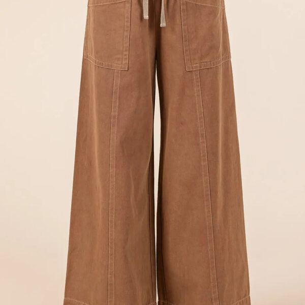 Mineral Wash Wide Leg Elastic Waist Twill Pants