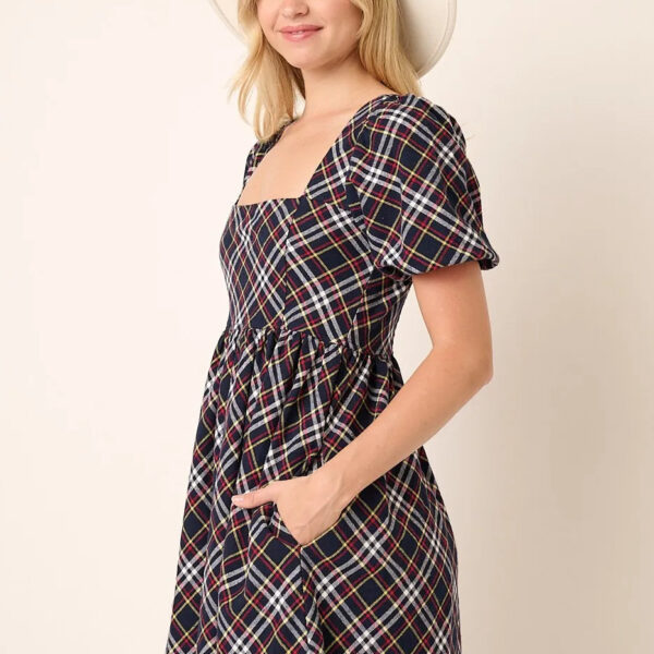 Checkered Print Puff Sleeve Babydoll Mini Dress
