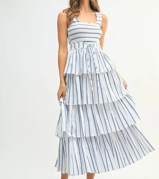 Pin Stripe Smocked Bodice Layered Midi Dress