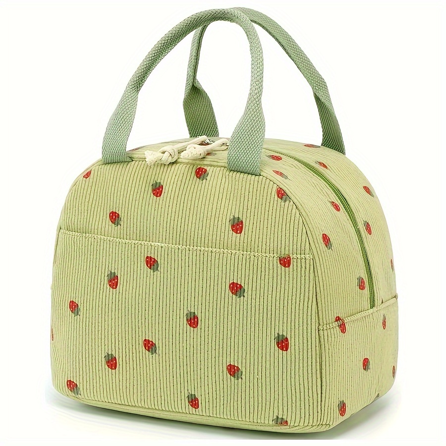 NOVUXY Insulated Corduroy Lunch Bag for Women and Men, Cute Strawberry Design, Reusable Thermal Tote, Large Capacity Cooler for Work, Picnic, Travel - Hand Washable Cylinder Shape Lunch Box - onlinemegasale.com