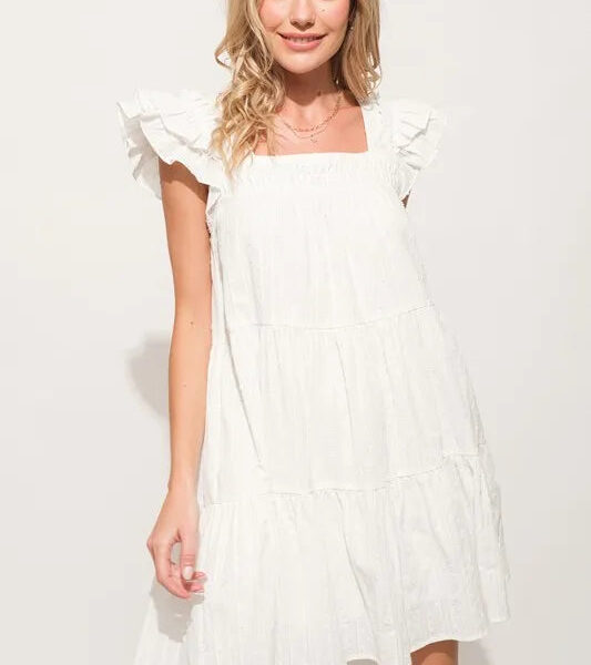 Origami Pleating Ruffled Sleeve Tiered Dress