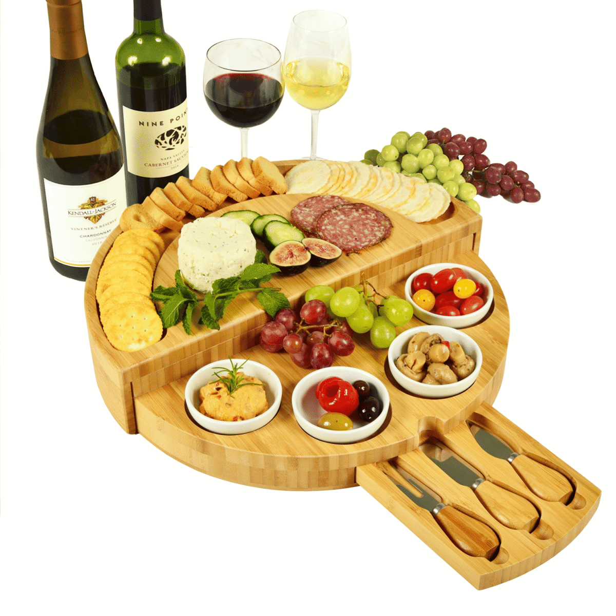 🧀2023 Bamboo Swivel Charcuterie Board🔥With 4 Integrated Ceramic Bowls And 3 Piece Knife Set - onlinemegasale.com