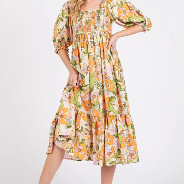 Flower Print Puff Sleeve Ruffle Smocked Midi Dress