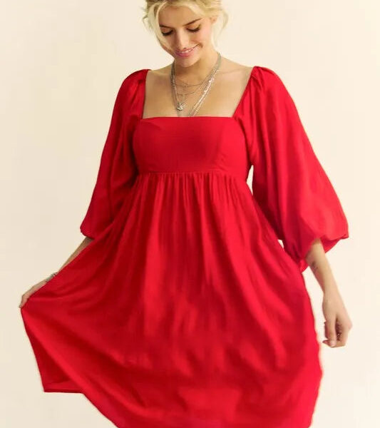 Solid Textured Fabric Puff Sleeve Tie Back Dress