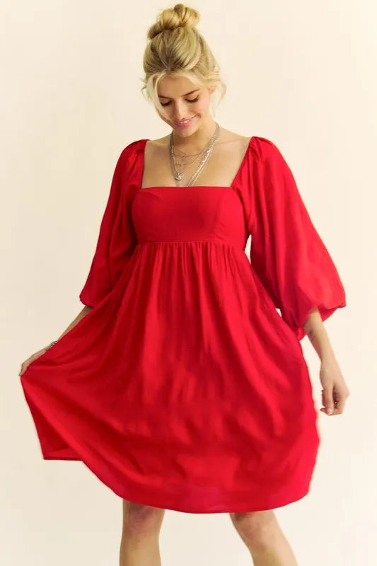 79e30eef30f44a07a060675bffa3a449-Max-Origin Solid Textured Fabric Puff Sleeve Tie Back Dress - onlinemegasale.com