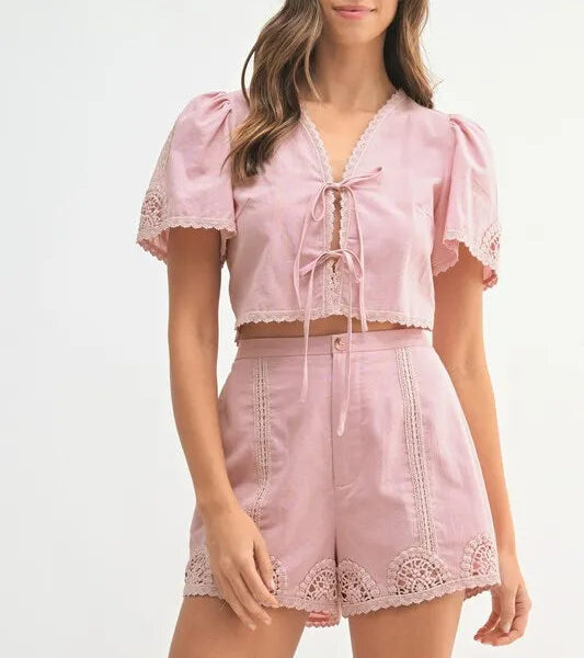 Crochet Lace Detail Crop Top and Shorts Set