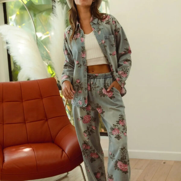 Flower Printed Denim Pants
