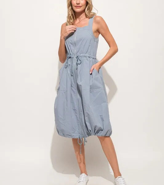 Front Zipper Overall Dress with String Details