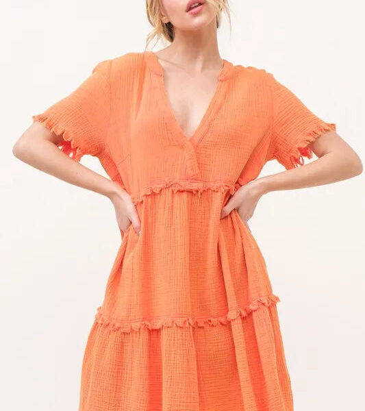 Washed Frayed Detail Tiered Dress