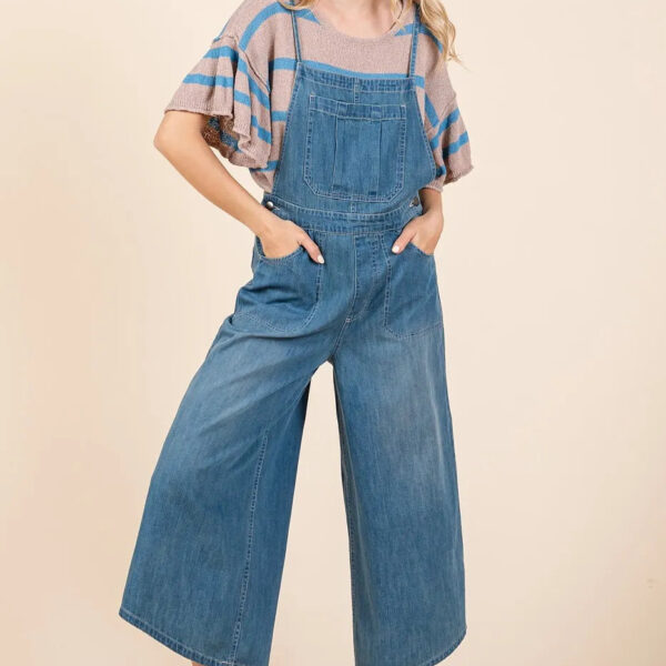Denim Tie Back Sleeveless Wide Leg Overalls