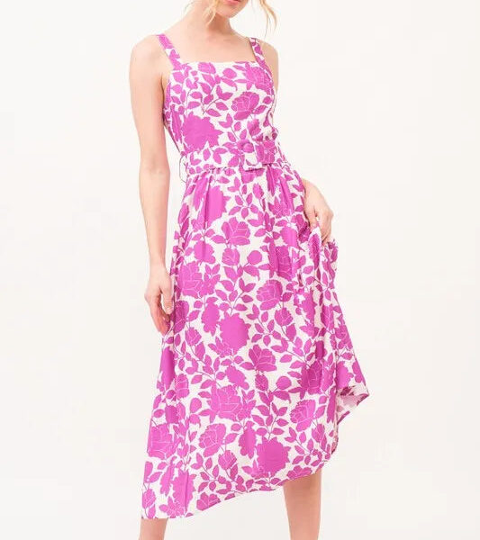 Square Neck Belted Floral Printed Midi Dress