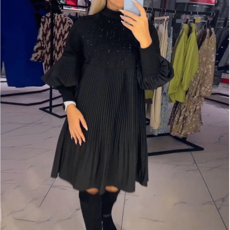 Women's Plus Size Lantern Sleeve Stand Collar Dress - onlinemegasale.com