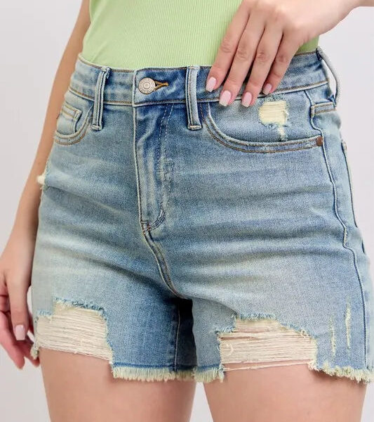 Judy Blue High Rise Washed Fly Stitch Detail and Destroy Denim Shorts