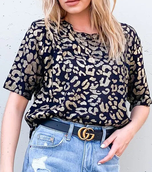 Leopard Foil Printed Half Sleeve Summer Sweater