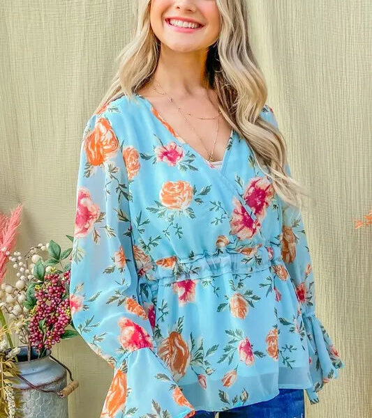 Floral Print Draw String Bell Sleeve Top