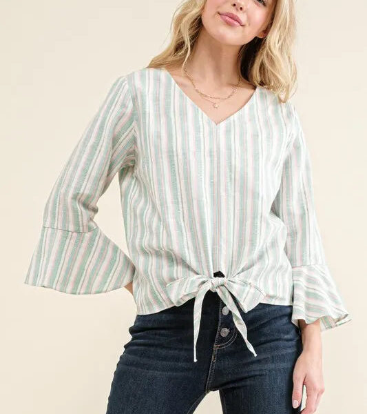Stripe Tie Knot Front Bell Sleeve Top
