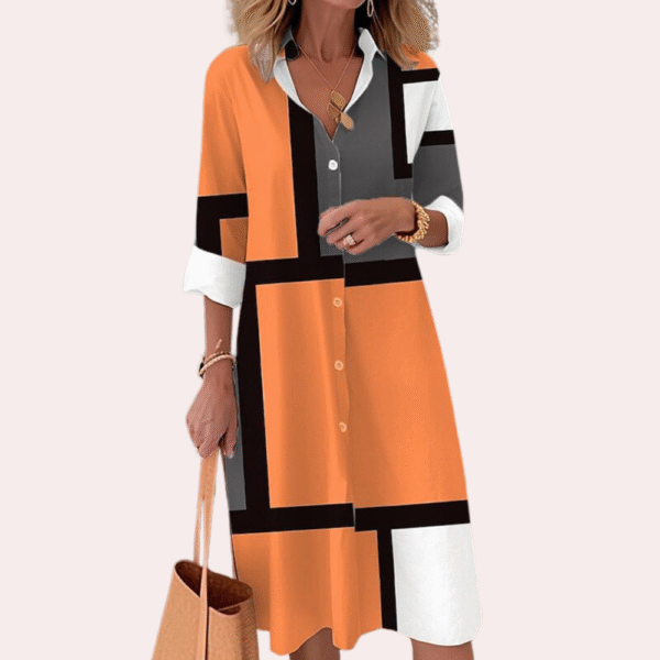 Chic Women's Geometric Pattern Shirt Dress - Stylish 3/4 Sleeves - Button-Down Knee-Length for Effortless Casual Elegance