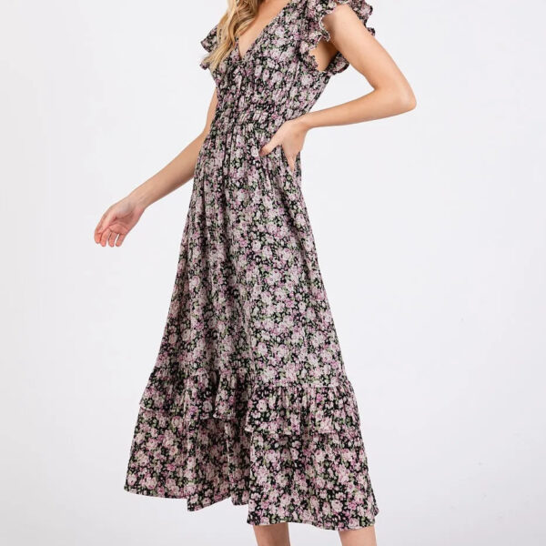 Flower Print Ruffle Cap Sleeve V-neck Midi Dress