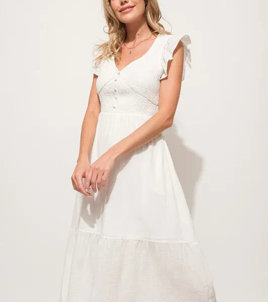 Ruffle Sleeve Front Smocked Tiered Midi Dress