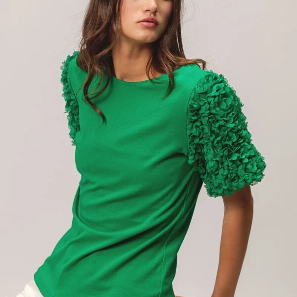 Short Mesh Flower Sleeve Knit Top